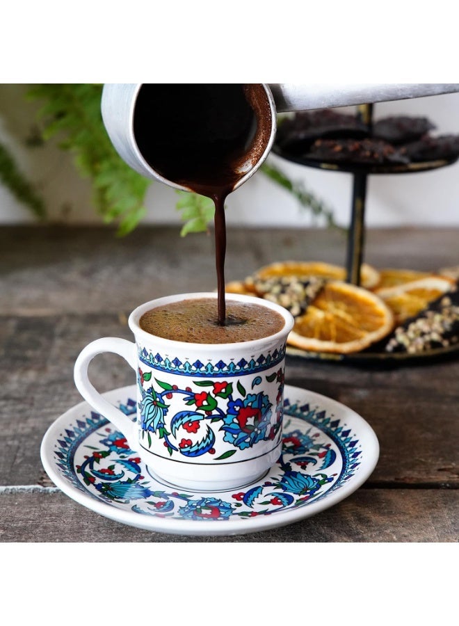 طقم فناجين قهوة تركية - طقم من 6 فناجين قهوة تركية مع صحون وحامل فناجين للمنزل والمكتب، مصنوع من السيراميك يحافظ على دفء القهوة، آمن للغسل في غسالة الصحون - Image 3